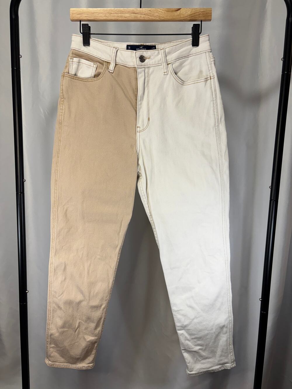 Hollister Ultra High Rise Mom Jeans Womens 7R W28 L27 Colorblock Beige Cream